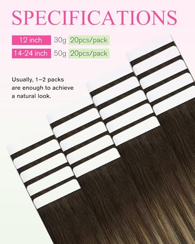 Image of YoungSee Hair Extensions Tape in Dark Brown, Human Hair Tape in Extensions, Balayage Dark Brown Ombre Caramel Blonde Tape Hair Extension, for Natural Looking, 18 Inch 20pcs 50g