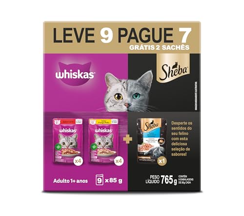 Pack Ração Úmida Whiskas Sachê Carne/Frango e Sheba Atum para Gatos Adultos - Leve 9 Pague 7