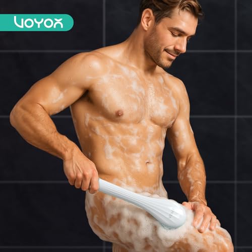 VOYOR Rückenbürste Duschbürste Körperbürste elektrische Rückenbürste langer Griff wasserdicht Aufladbar mit 4 Reinigungsköpfen für Spa Dusche Peeling Massagebürste(Blau)