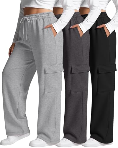 Neer 3 Pack Women's Plus Size Cargo Sweatpants Wide Leg Drawstring Bottom Pants Baggy Loose Casual Athletic Trousers(Black, Dark Gray, Light Gray,3X-Large)