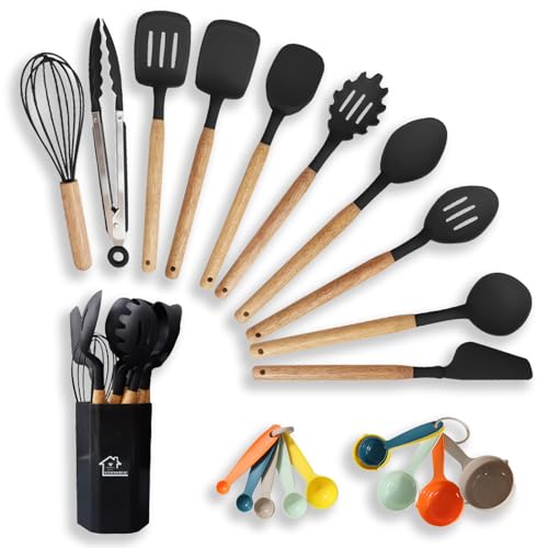 Bebiger Kitchen Cooking Utensils Set, 21 pcs Non-Stick Silicone Cooking Kitchen Utensils Spatula Set with Holder, Wooden Handle Silicone Kitchen Gadgets Utensil Set, Black