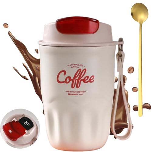 Image of Coffee Vacuum Flask, 12oz Portable Smart LED Temperature Display Coffee Cup with Lid and Handle Strap, 316 Stainless Steel, Leak-proof, Keep Hot and Cold, for Home, Office (White)