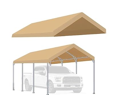 Rutile 12'x20' Carport Canopy ONLY Tent Garage Replacement Top Tarp Car Shelter Cover w/Ball Bungees Beige (Only Top Cover, Frame is not Included)