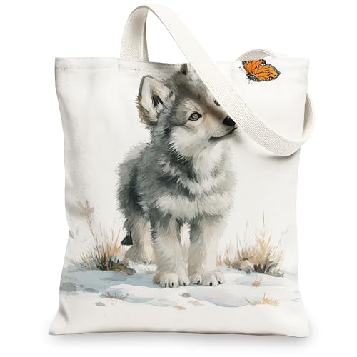 Cute Wolf Canvas Tote Bag, Artistic Wildlife Design Reusable Shopping Bag, Lightweight Washable Shoulder Strap Tote for Gym, White, 13x15 Inch