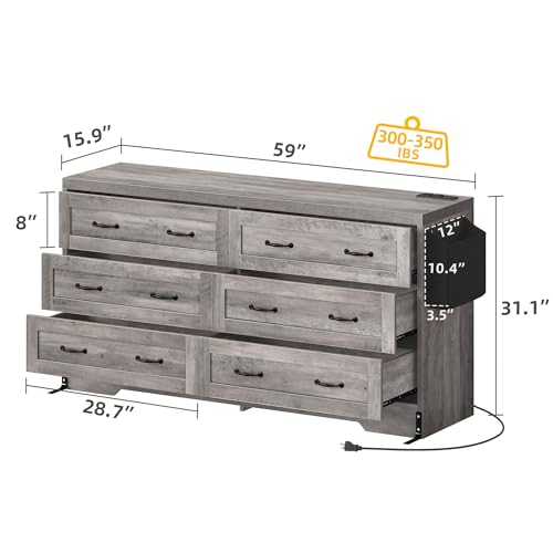 DWVO Farmhouse 6 Drawer Dresser for Bedroom, 59" Wide Modern Dresser TV Stand with Large Drawers & Bar Handles, Storage Dressers with Power Outlets, Rustic Wood Chest of Drawers, Grey