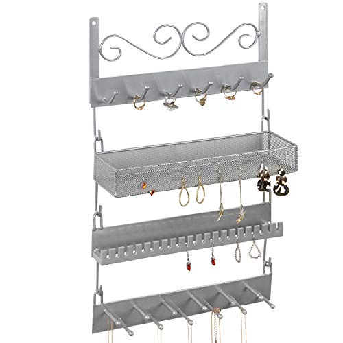 MyGift Silver Metal Wall-Mounted 4-Tier Modular Jewelry Organizer & Display Rack