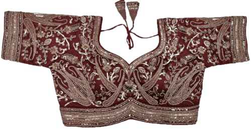 Image of Pujia Mills Women's Readymade Bridal Blouse Embroidery Copper Coding Glitter Sequence Thread Work Indian Ethnic Designer Stitched Half Sleeve Blouse Readymade for Women Saree Bridal Lehenga Choli