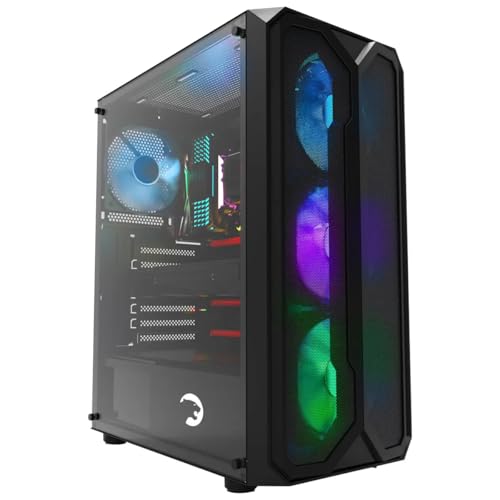 GAMEPOWER Aura Gaming Midi Tower PC Gehäuse ATX, Gaming Case mit gehärtetem Glas, PC Hülle mit 4X 120mm Lüfter (ohne RGB), ARGB-LED-Streifen, Mesh Design, Schwarz