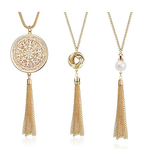 3PCS Long Pendant Necklaces for Women Knot Disk Circle Pendant Necklace Pearl Tassel Statement Sweater Necklace Set