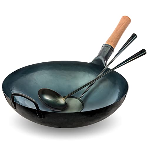 Image of YOSUKATA Blue Round Bottom Wok Pan – 14" Woks and Stir Fry Pans With Pre-Seasoned Wok Utensils Set - Blue Carbon Steel 17-inch Wok Spatula, Wok Ladle, 3 pairs of Chopsticks