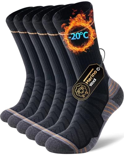 CLATOFO Merino Wool Hiking Crew Socks for Men & Women, Thermal Socks,Cushioned Anti-Blister, Breathable 3 Pairs(BLACK&GREY,L)