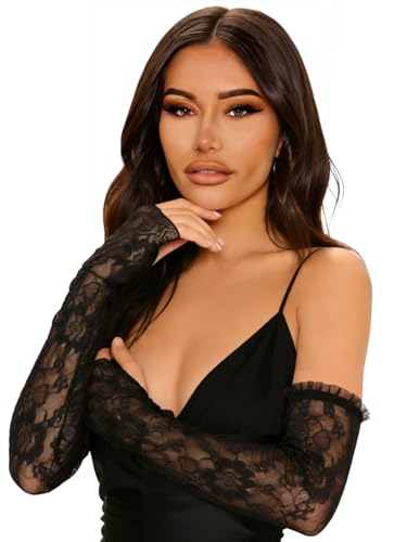 SAWINDA Long Lace Gloves Fingerless Bridal Arm Sleeves Elbow Length Stretchy Black Floral Gloves For Wedding Dance Tea Party (19.7Inch)