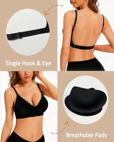 BOUFOR Deep V Neck Backless Bras for Women Padded Bralette Push Up Seamless Wire-Free Low Back Bra Convertible Straps