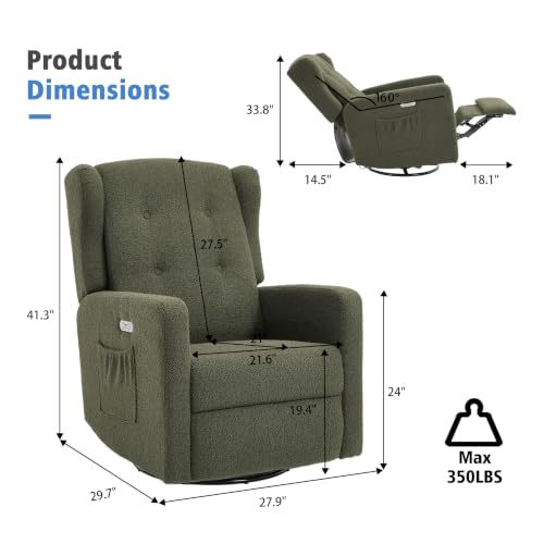 Image of Ketaiyou Power Swivel Rocking Recliner Chair, Electric Rocker Nursery Glider Chair, USB and Type-C Ports, Upholstered Teddy Fabric Reclining Single Sofa Chair for Living Room (Green)