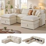 Ihanherry 103” Modular Sectional Sofa with Storage, U Shaped Cloud Couch with Movable Ottomans & 4 Pillows, Chenille Deep Seat Sectional Couches for Living Room, Apartment (Beige)