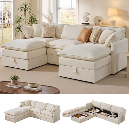 Image of Ihanherry 103 inch Modular Sectional Sofa with Storage, U Shaped Cloud Couch with Movable Ottomans & 4 Pillows, Chenille Deep Seat Sectional Couches for Living Room, Apartment (Beige)