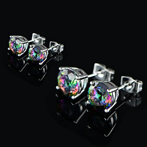 Created Rainbow Quartz Stud Earrings for Women Men 18K White Gold
