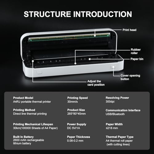 Image of Thermal Home Printers, Portable and connectable to Mobile Phones and Computers (A4RJ(200dpi Black))