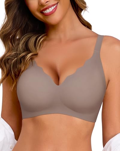 HORISUN Ohne Bügel BH für Damen, Nahtloser Bequemer V-Ausschnitt Vollständiger Bralette für Große Brüste mit Unterstützung Kein Bügel kabelloser Komfort Tshirt BHS (Grau XL)