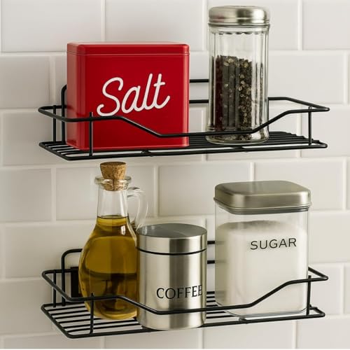 Image of Wall Mounted Storage Rack for Kitchen & Bathroom | Metal Wire Shelf Organizer for Spices, Toiletries & Accessories | Rustproof Wall Shelf | Space Saving Storage (Black) (Pack of 2)