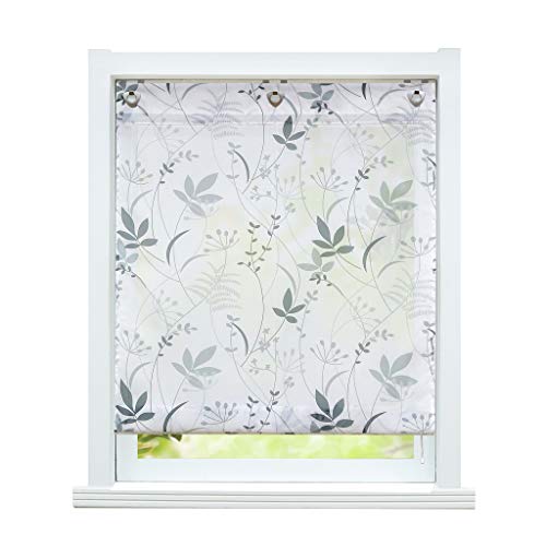 ESLIR - Tenda a pacchetto senza fori, con occhielli, trasparente, con ganci a U, moderna, colore bianco, stampa con foglie, 80 x 140 cm (larghezza x altezza), 1 pezzo