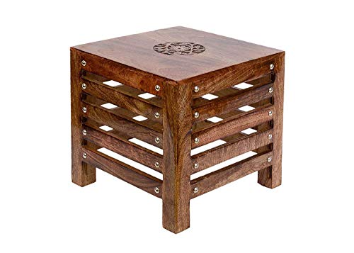 Image of Wood Well Polished And Furnished End Table /Stool With Antique Polish Multipurpose Coffee Stand Table (Stripe Stool, 12 Inches)