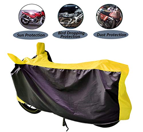 Image of Auto Hub Bike Cover Compatible with Hero Hf Deluxe with Mirror Pocket, Dustproof, Heat Resistant, Triple Stitched, Hf Deluxe Bike Cover- Black, Yellow