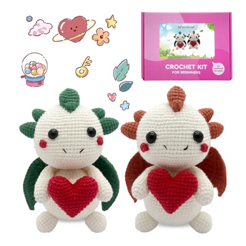 Image of Couple Dragon Crochet Kit for Intermediate Beginner, 2 Pcs Animals Crochet Starter Kit w Step-by-Step Video & Book Tutorial, Advanced Knitting Set for Adults Crocheting Doll Xmas Gift