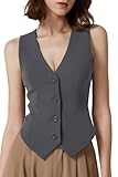 QINSEN Sleeveless Vest Top for Women Summer V Neck Button Front Loose Fit Going Out Tank Tops Dark Grey M