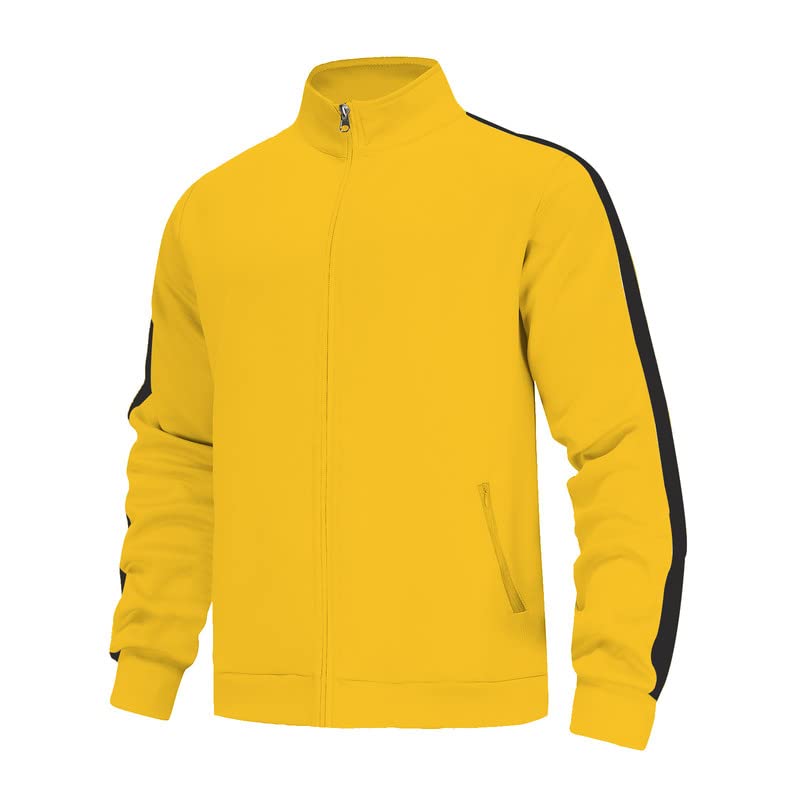 Męski dres na co dzień, kontrastowe paski, zamek błyskawiczny, spodnie sportowe, spodnie do biegania, na siłownię, odzież sportowa, 2-częściowy, z kieszeniami na zamek błyskawiczny, ŻÓŁTY, S