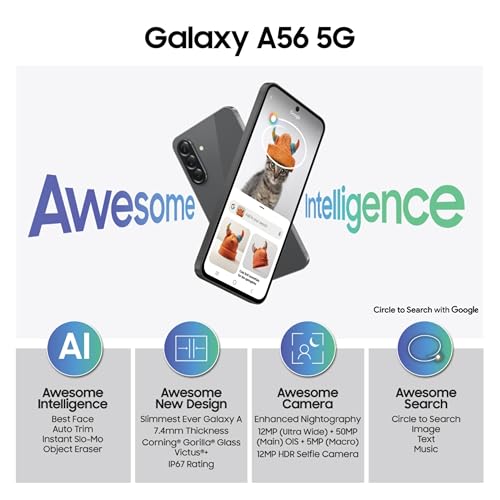 Image of Samsung Galaxy A56 5G (Awesome Graphite, 8GB, 256GB) | Metal Frame | Gemini Live | Awesome Intelligence (AI): Circle to Search, Instant Slo-Mo, Auto-Trim, Object Eraser | Flagship Grade Camera