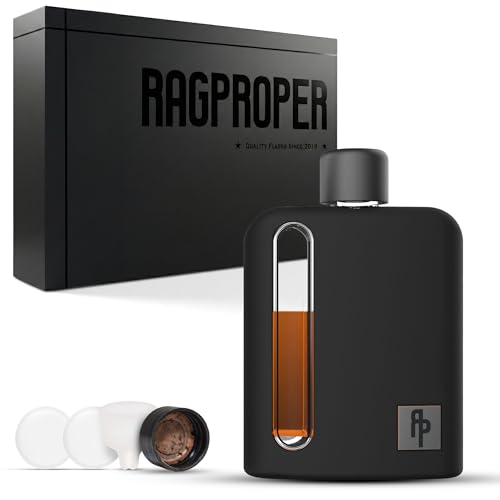 Ragproper Glass Hip Flask for Men Modern Whiskey & Liquor Pocket Flask with Cork & Silicone Lid Liners Durable Silicone Covered Firm Grip Single Shot 3.4oz (100ml) Black