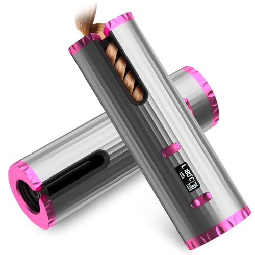 Boucleur a Cheveux Fer à Friser Sans Fil Automatique, Fer à Boucler Portable, avec Adaptateur et Câble USB Rechargeable, Minuterie, 6 Températur, Bigoudi Anti-Brûlures pour Cheveux Longs et Courts