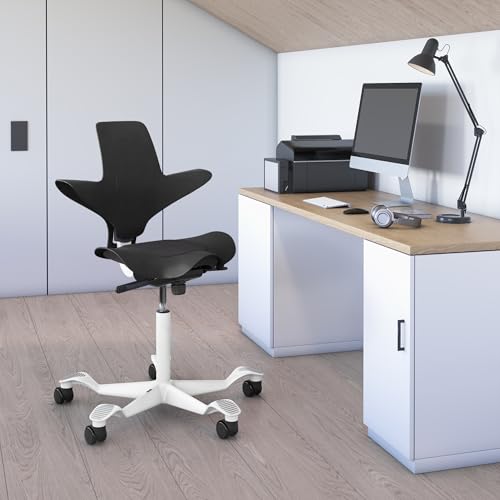 Image of HAG Capisco Puls Sit-Stand-White Base-Black Frame-Black Vinyl Pad