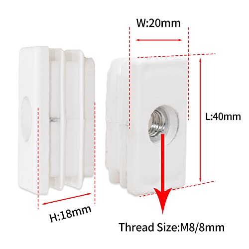 Image of Flyshop White M8 Threaded Plastic Plugs Rectangle Tube End Caps Tubing Plugs Inserts Furniture Glider 20 mm x 40 mm 4 Pcs