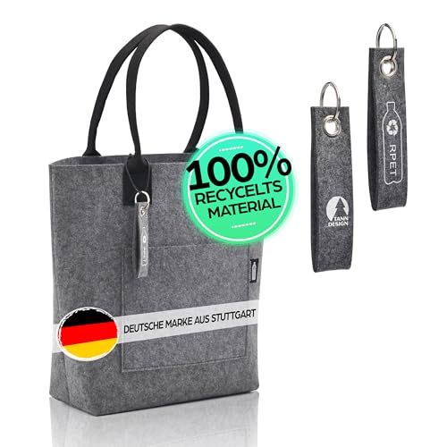 TANNDESIGN Nachhaltiger Damen Shopper „Emma“ aus recyceltem Filz Grau – Einkaufstasche 21L mit Schultergurt & Fronttasche | Umweltfreundliche Tragetasche für Alltag, Büro & Freizeit | Waschbar