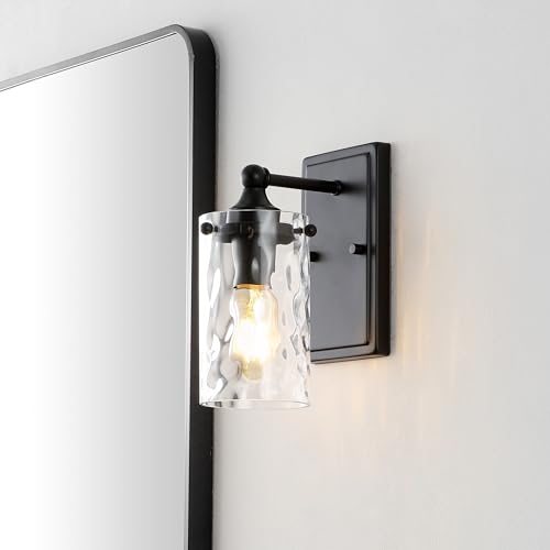 Image of SAFAVIEH Lighting Collection Jobie Black /Glass Shade Wall Sconce Set of 2 Light Fixture, Ideal for Bathroom, Entryway, Vanity, Foyer, Hallway, Living Room (LED Bulbs Included)