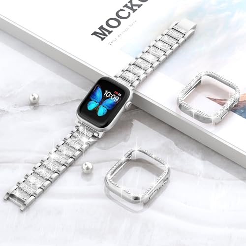 Image of SUPOIX for Apple Watch Band 41mm + Case, Bling Bands for Women (Silver) | Shiny Metal Bands & 2 Pack Protective Cover Cases for iWatch Series 9 /8 /7 41mm