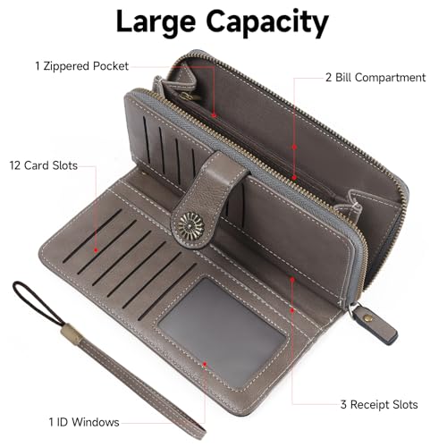 Image of Wristlet Wallets for Women Leather Credit Card Holder Bifold Grey | RFID Blocking, Large Capacity, Ladies Phone Clutch Purse with Zippered Coin Pocket