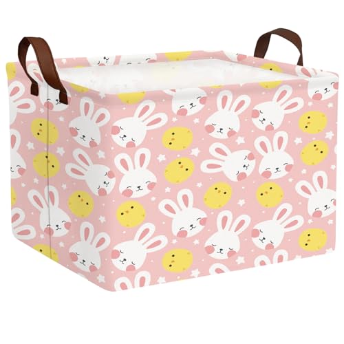 Image of Large Cute Easter Basket for Kid Empty Gift Baby Rectangle Storage Bin Bunny Eggs Boy&Girl Room Decor (Rabbit Chicken Star Pink)