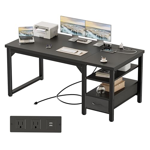 Image of Mericonia 54 inch Computer Desk with Drawer, 1.2 inch Thick Reversible Office Desk | Modern Writing Table with Power Outlets & Storage Shelves, Heavy Duty Industrial Executive Desk for Home Bedroom Study Work