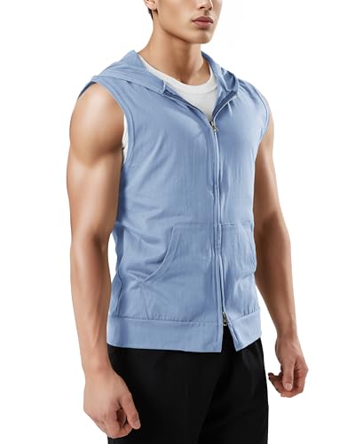 Ohoo Men's Slim Fit Workout Hooded Tank Tops Two Way Zip Up Sleeveless Gym Shirts Bodybuilding Hoodies 100% Cotton