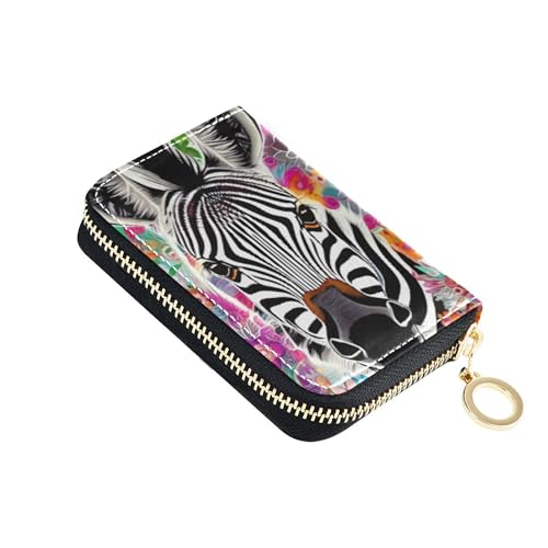 GAIGEO Colorful Zebra Aesthetic Art Womens Wallets Small RFID Blocking Credit Card Holder Zip Around Zipper Change Purse with Key Ring