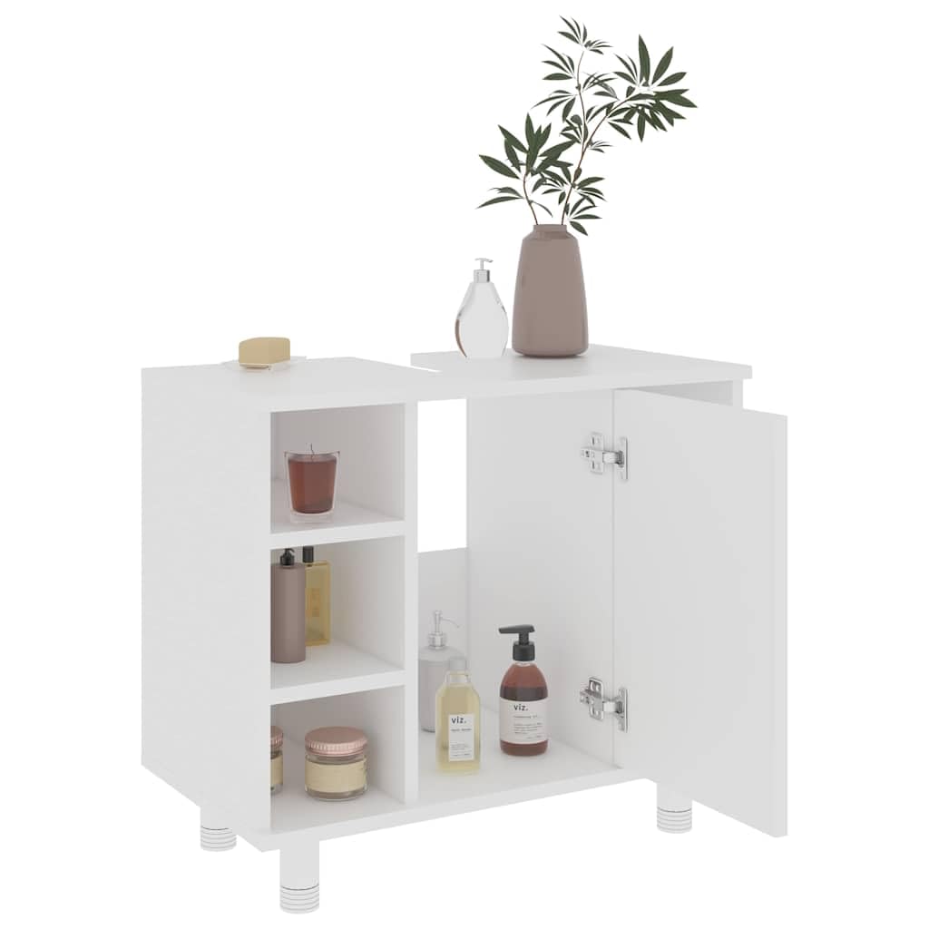 Armadietto da bagno bianco in legno 60 x 32 x 53,5 cm con 7 scomparti e porta, salvaspazio per set di mobili da bagno, per riporre e riporre oggetti nel WC degli ospiti o lavanderia