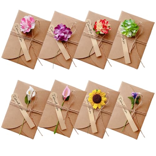 RHQFDM 8 tarjetas de felicitación con flores secas, con sobre de papel de estraza y flores secas, juego de tarjetas de felicitación retro en blanco para el día de la madre, Acción de Gracias