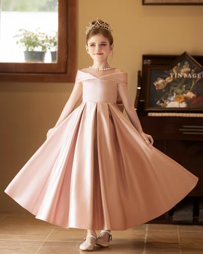 Satin Flower Girl Dress with Bow Knot Ankle Length First Communion Dresses with Pearl Pleated Pageant Ball Gown2