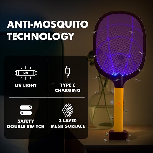 WEIRD WOLF 2 in 1 UV Light Mosquito Bat Racket Electric Fly Swatter with Base Stand, Lithium Battery, USB Type- C Charging, Yellow/Black (Pack of 2)