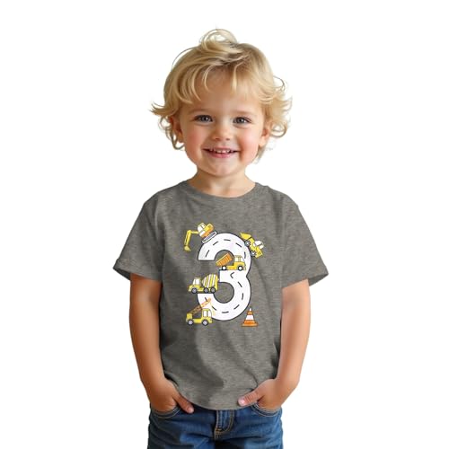 Bagger Kinder 2-5 Jahre Jungen Tshirt Geburtstag Junge Hemden Baby T-Shirt Bruder Bagger T Shirt Jungs Baumwolle Tops Sommer Kurzarm Oberteile Baggerfahrer Geburtstagsshirt(Grau,3 Jahre)