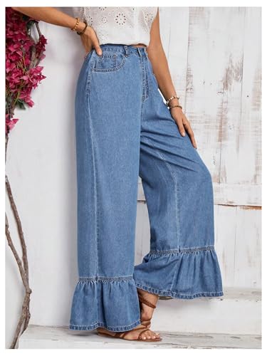 SweatyRocks Women's High Waist Ruffled Hem Wide Leg Baggy Jeans Denim Long Pants3