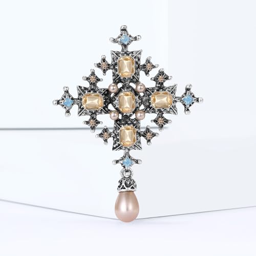Image of Vintage Cross Rhinestones Pearl Teardrop Brooches Lapel Pins for Women Girls Dainty Boho Crystal Pin Dress Suit Bouquet Ceremony Accessories Jewelry Valentine's Day Gifts